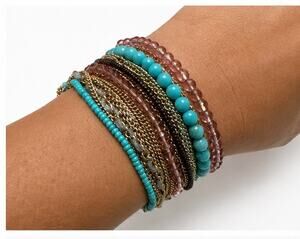 SPRING STREET MULTI STRAND BRACELET TURQUOISE PINK BEADED GOLD TONE STATEMENT